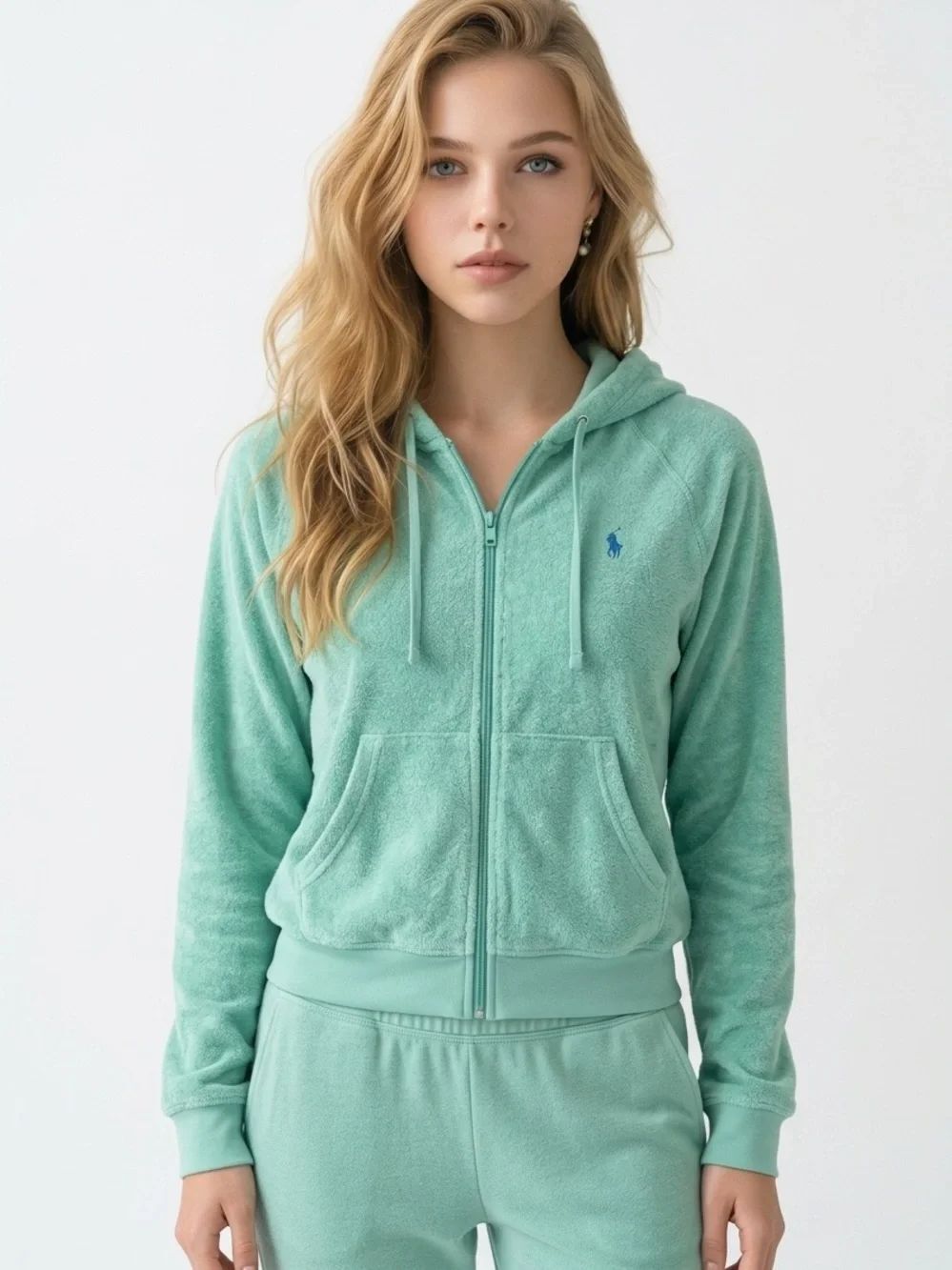RALPH LAUREN | Mint Green Plush Terry Zip-Front Hoodie Blue Logo Women’s Size S
